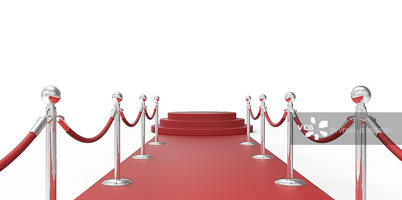 红毯上的红领奖台上有镀铬的银色护栏图片素材