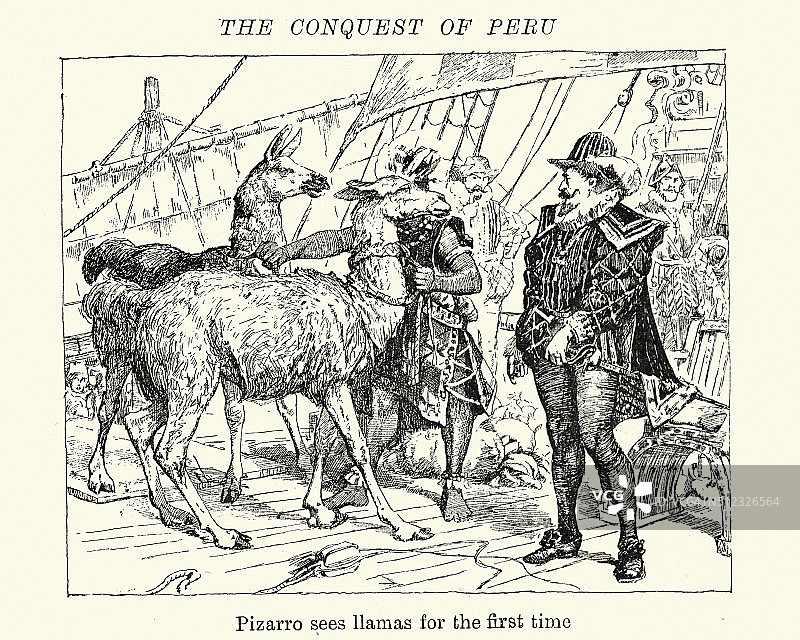 征服秘鲁——弗朗西斯科·皮萨罗看到了美洲驼图片素材