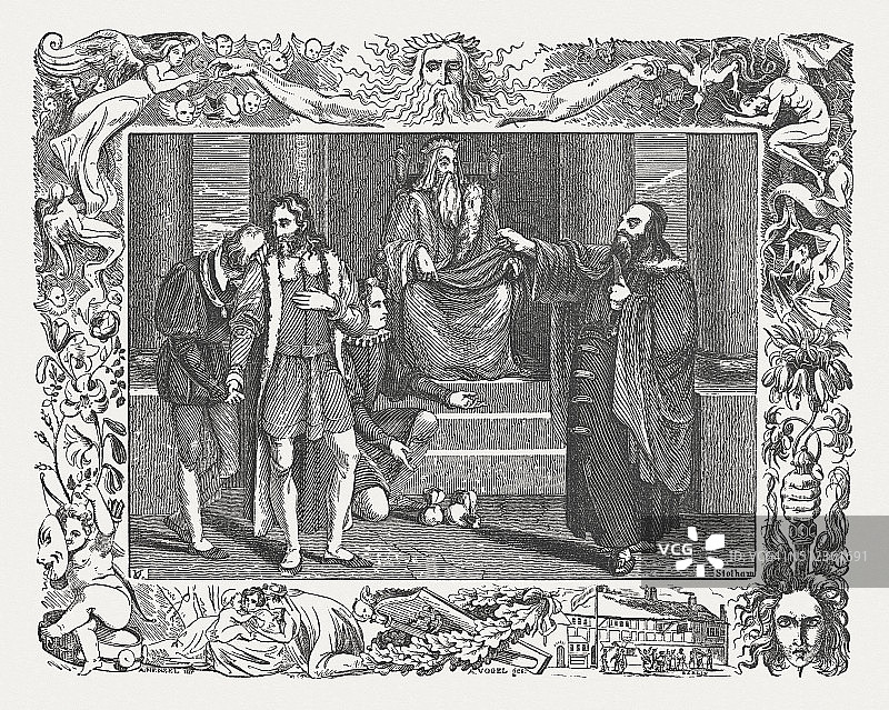 威廉·莎士比亚的《威尼斯商人》木版，1838年出版图片素材