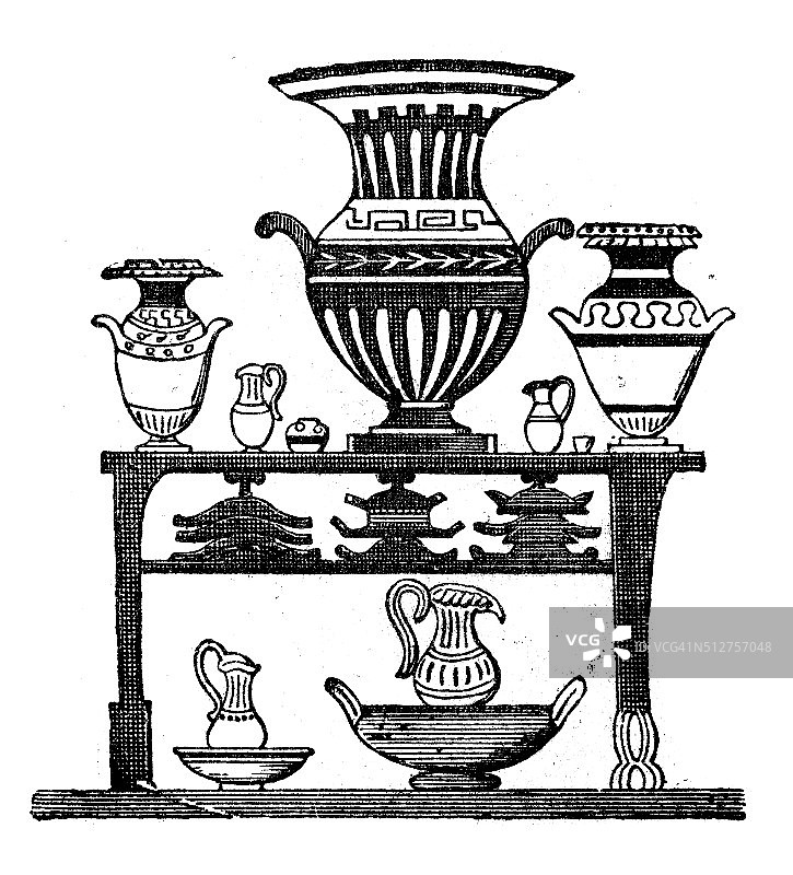 古董插图的古代橱柜与花瓶和碗图片素材