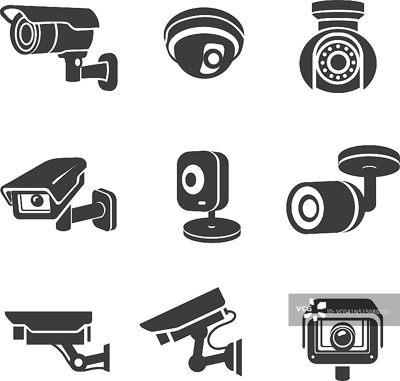 视频监控，安全摄像头，图形图标，象形图设置图片素材