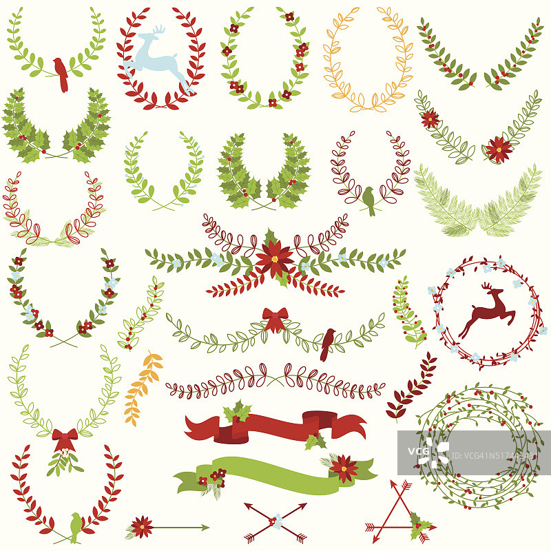矢量收集圣诞假日主题的桂冠和花环图片素材