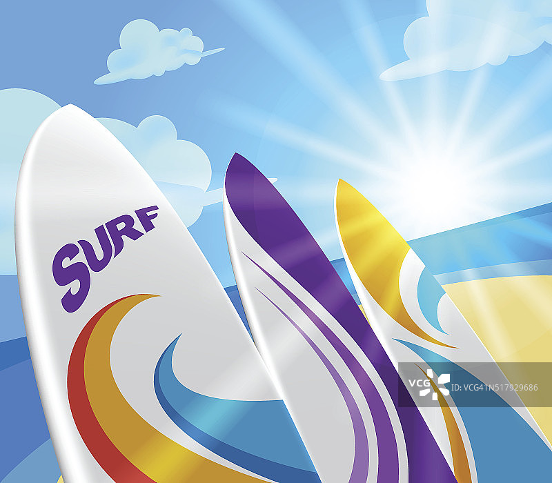 美丽的夏季冲浪板设计在海滩上与蓝色图片素材