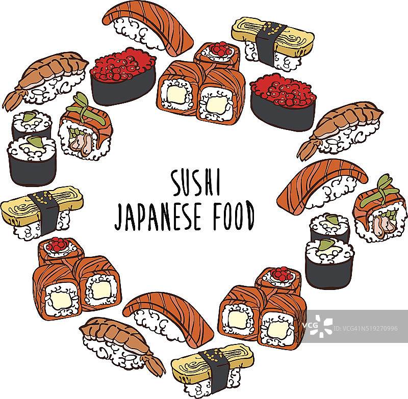 日本的食物。寿司和卷。框架——花环。图片素材