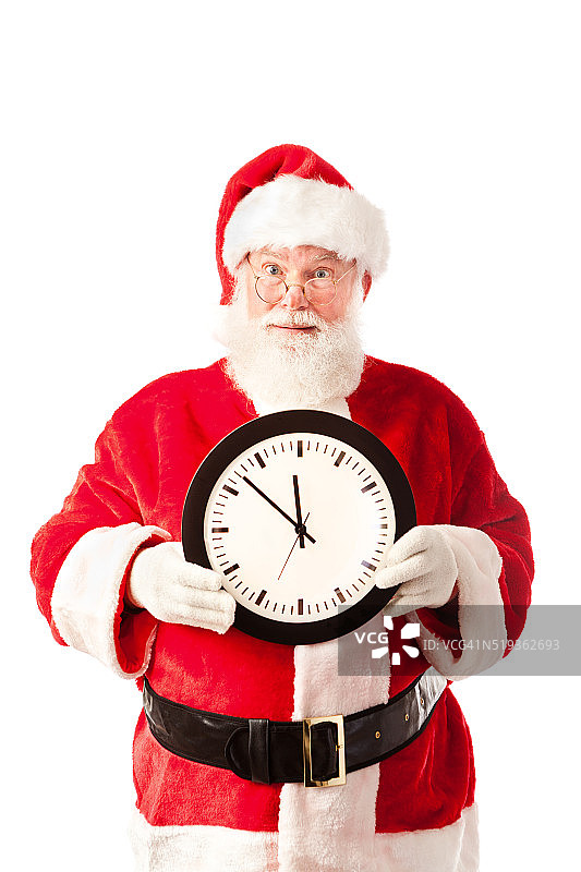 圣诞老人手持白色背景下的购物截止时钟图片素材