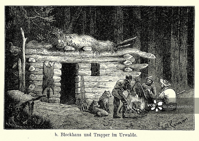 19世纪的北美-木屋和猎人图片素材