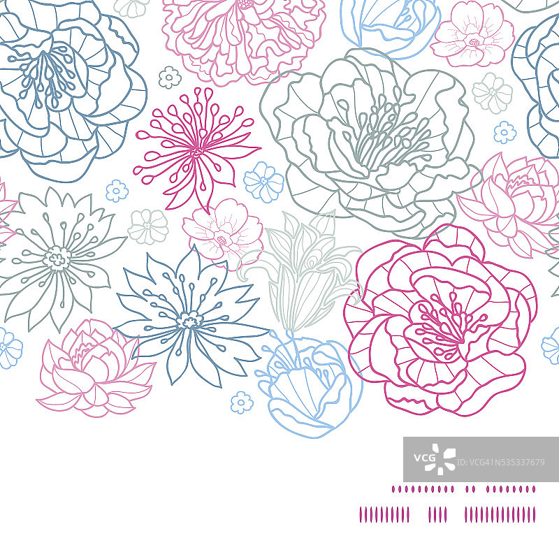 向量灰色和粉红色线条花卉水平框架无缝模式图片素材