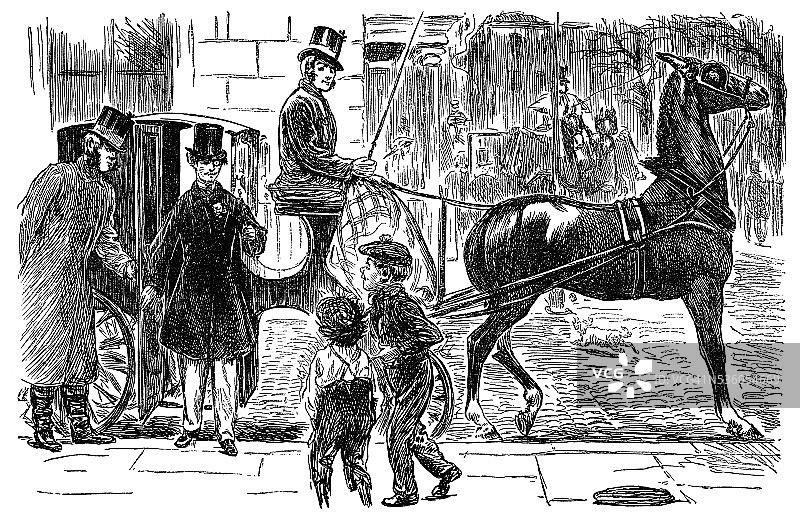 维多利亚时代的绅士被街头顽童取笑图片素材