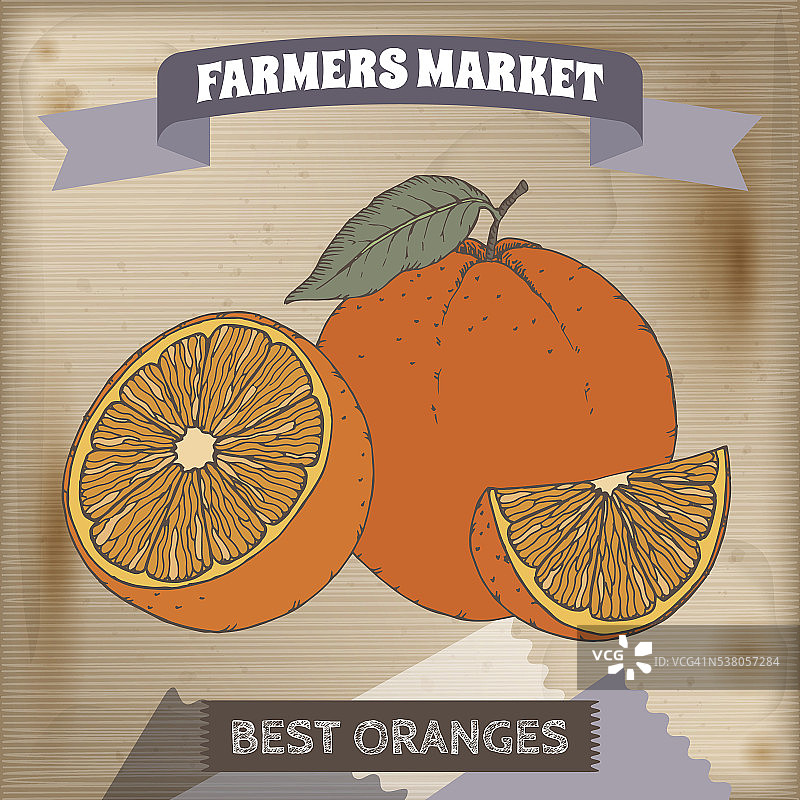 农贸市场的标签上有新鲜橙子的色彩示意图。图片素材