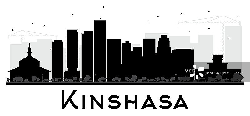 金沙萨市天际线黑白剪影。图片素材