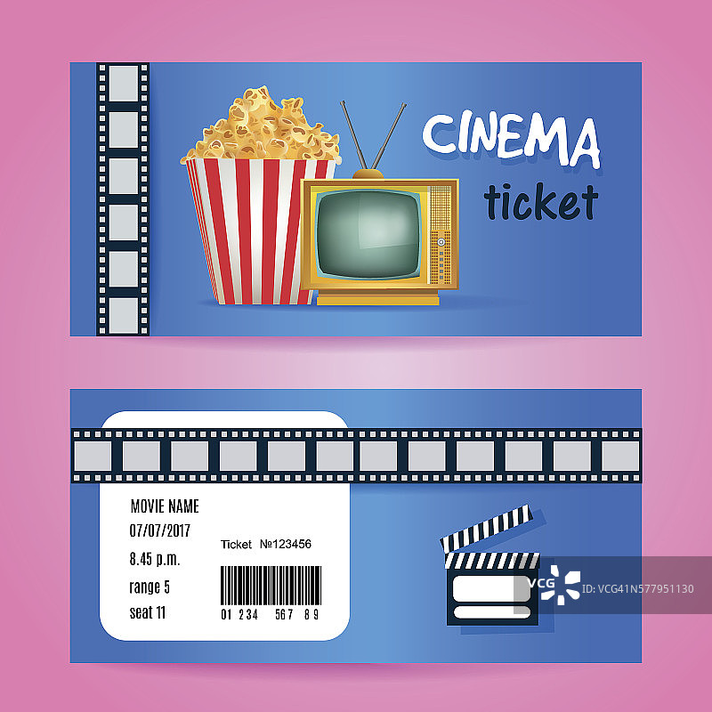 电影院的票的概念。矢量设计与电视和爆米花。图片素材