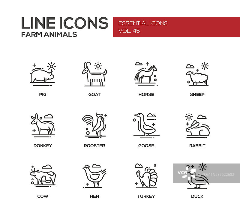农场动物-线设计图标集图片素材