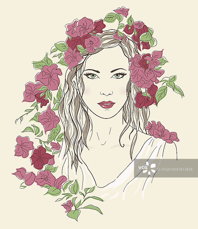 年轻漂亮的女人。画着优雅的少女在花丛中。浪漫的女士图片素材