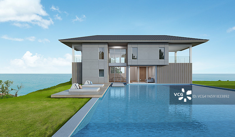现代设计的海滨别墅和游泳池图片素材