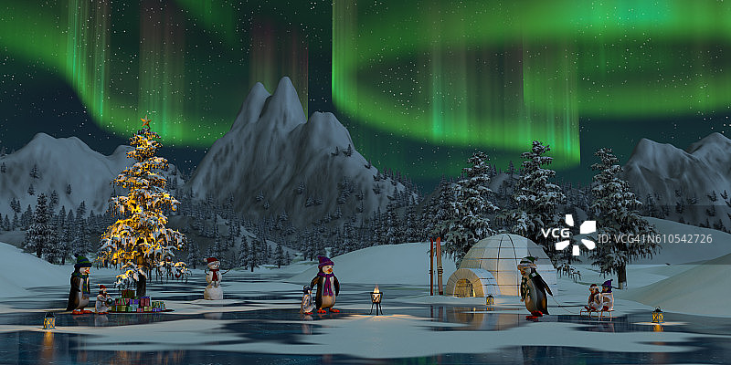 圣诞期间北极光下的企鹅，3d渲染图片素材