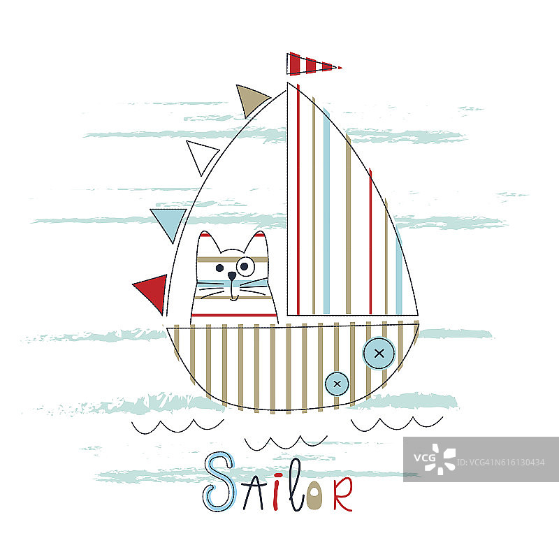 幼稚的矢量插图与帆船和猫图片素材