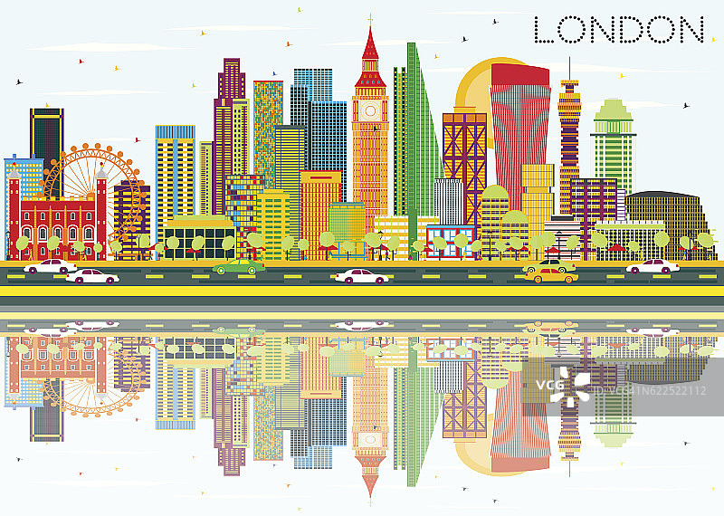 抽象的伦敦天际线与彩色建筑和反射。图片素材
