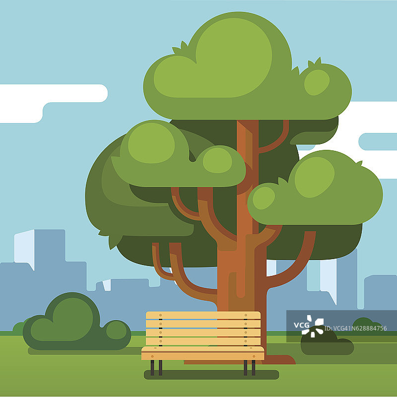 城市公园长椅下有一棵带有城市景观的橡树图片素材