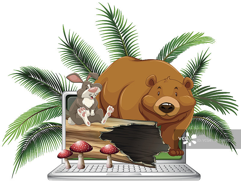 电脑屏幕上的野熊和兔子图片素材