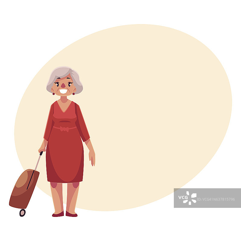 在机场穿着红色衣服带着行李箱的老女人图片素材