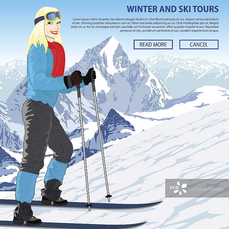冬季雪运动矢量插图与女孩在滑雪胜地图片素材