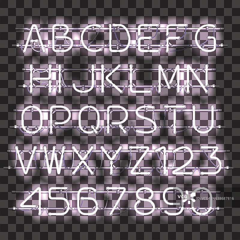 发光的白色氖气字母和数字。图片素材