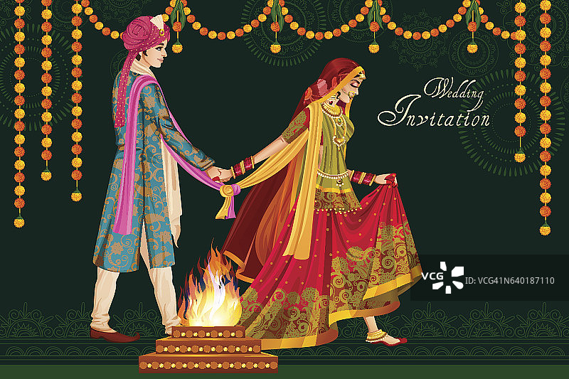 印度夫妇在婚礼上的Satphera仪式的印度图片素材