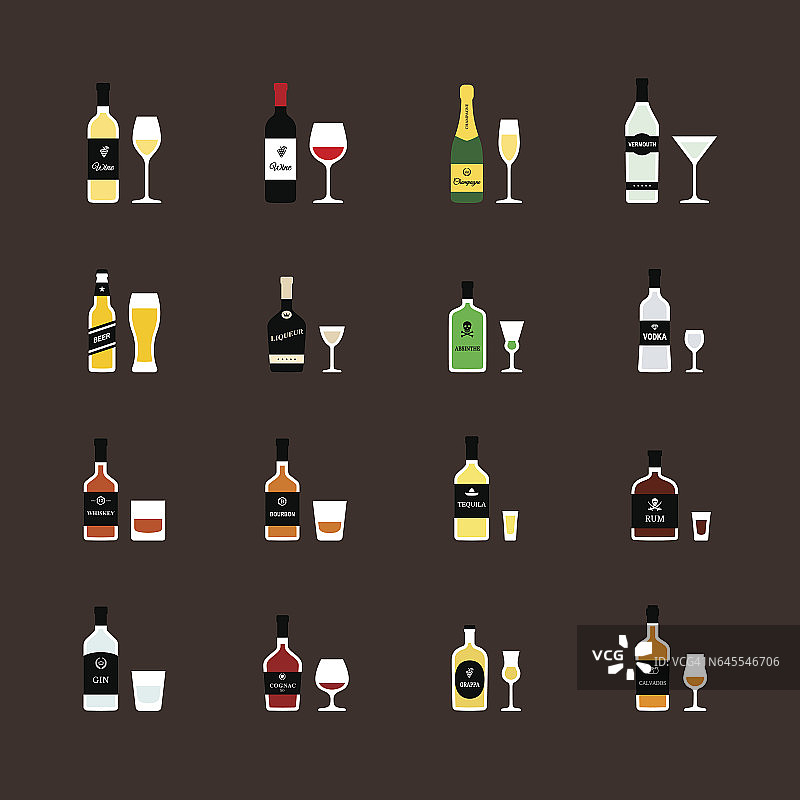 酒精饮料，瓶子和推荐的玻璃杯。平的图标集图片素材