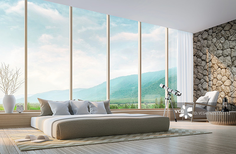 现代卧室与山景3d渲染图像图片素材