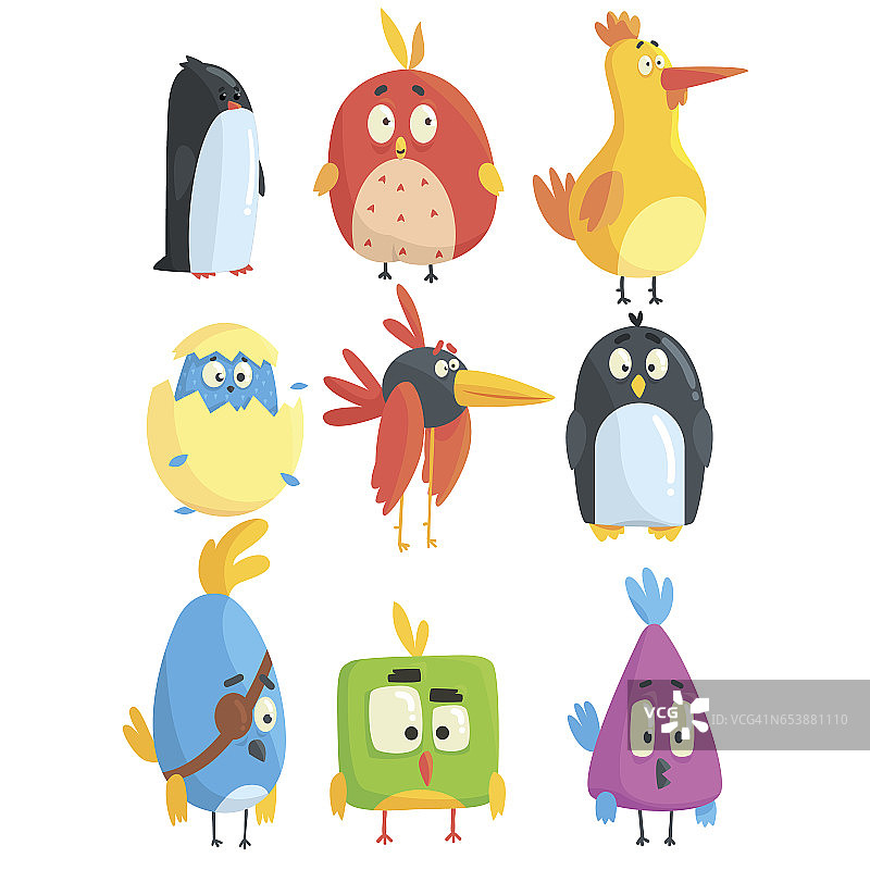 小可爱的鸟小鸡在几何形状卡通人物的集合，程式化的可爱的婴儿动物图片素材