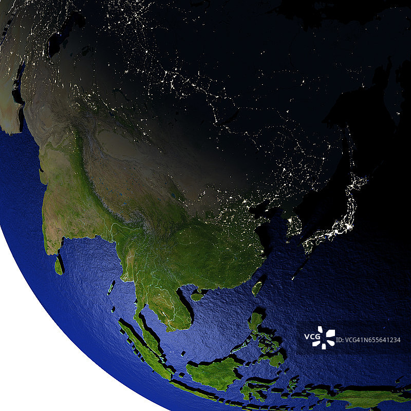 东亚在夜晚的地球模型与浮雕的土地图片素材