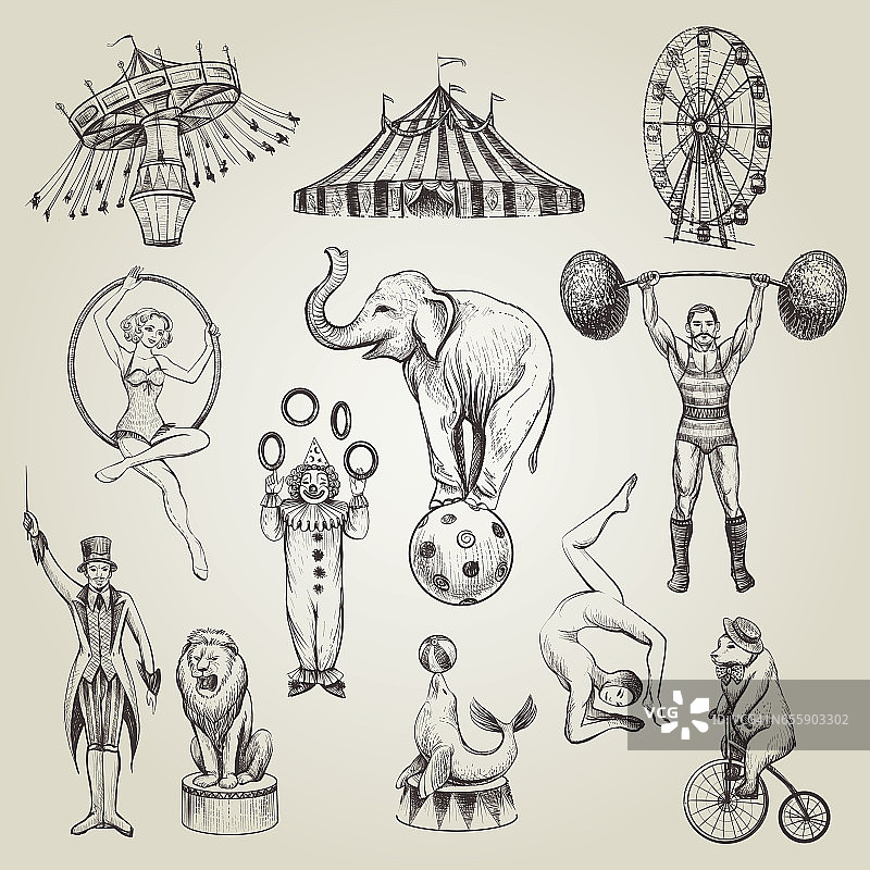 马戏团复古手绘矢量插图集。图片素材