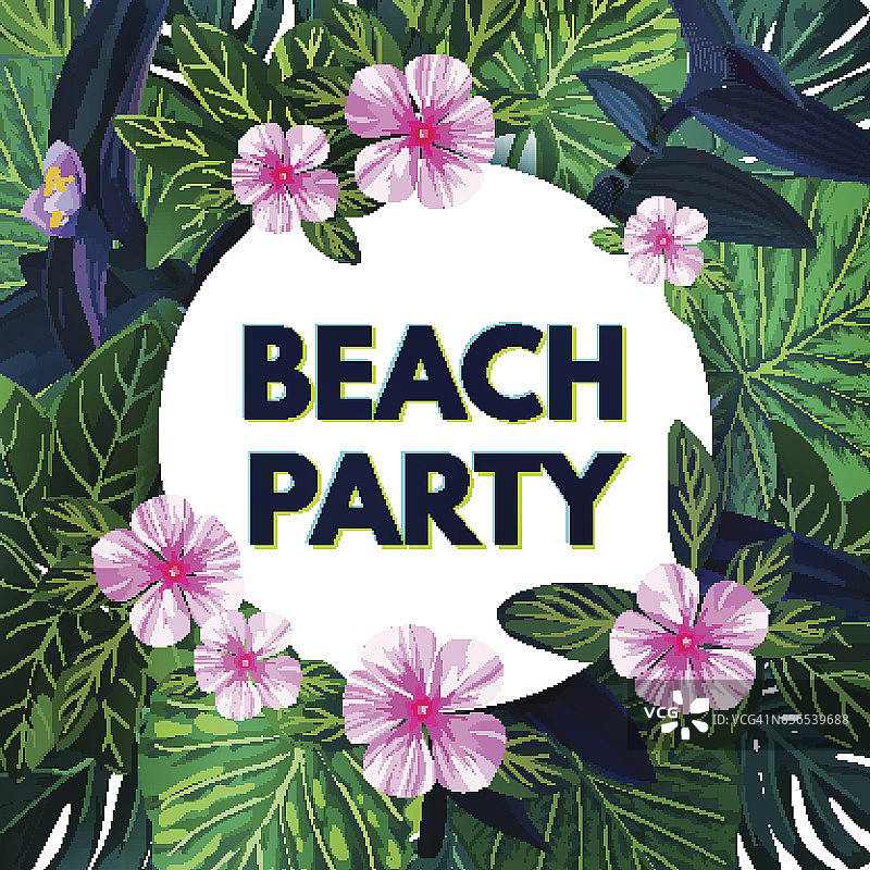 明亮的矢量花横幅模板夏季海滩派对。带有绿色异国棕榈树和粉红色花朵的热带飞禽图片素材