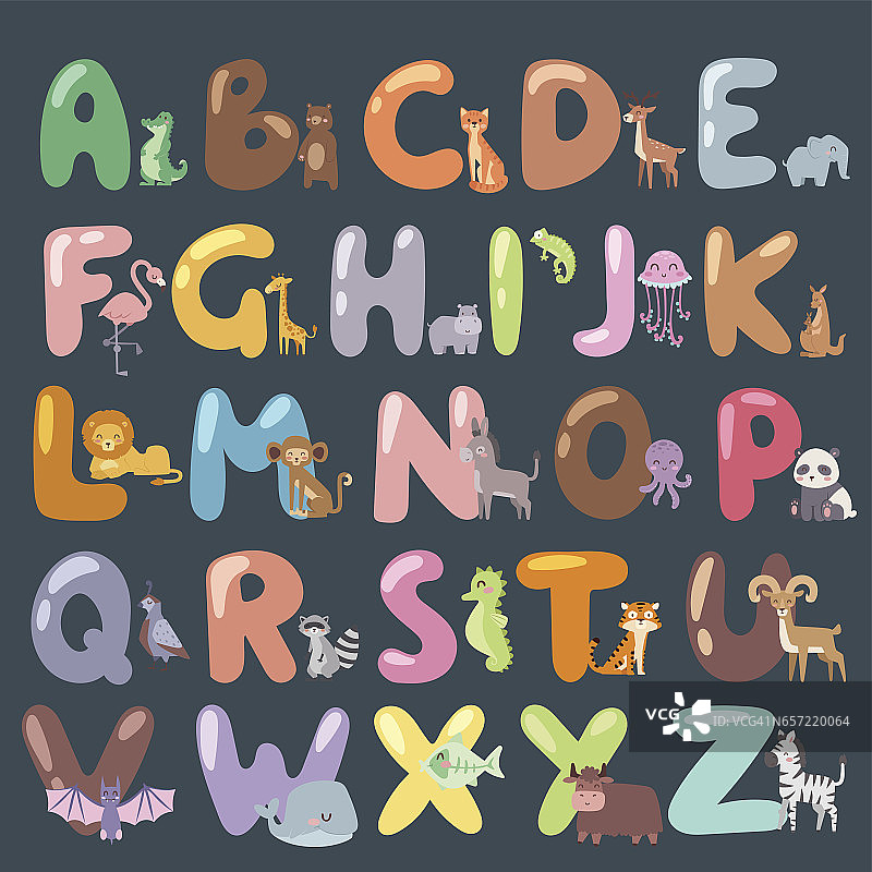 可爱的动物园字母表与卡通动物孤立和有趣的字母野生动物学习排版可爱的语言向量插图图片素材