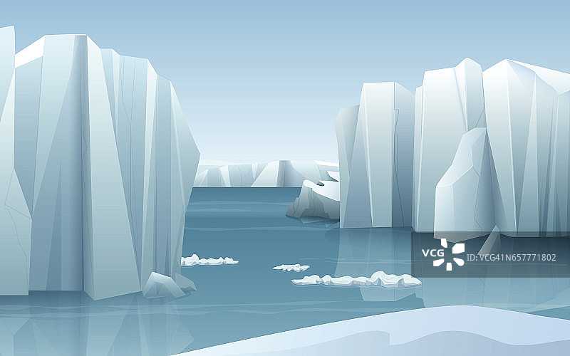 卡通逼真的自然冬季北极冰景观与冰山和雪山丘陵图片素材