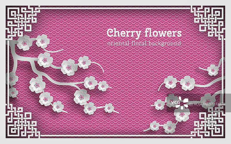 花粉色东方图案背景与樱花花和装饰剪出框架图片素材