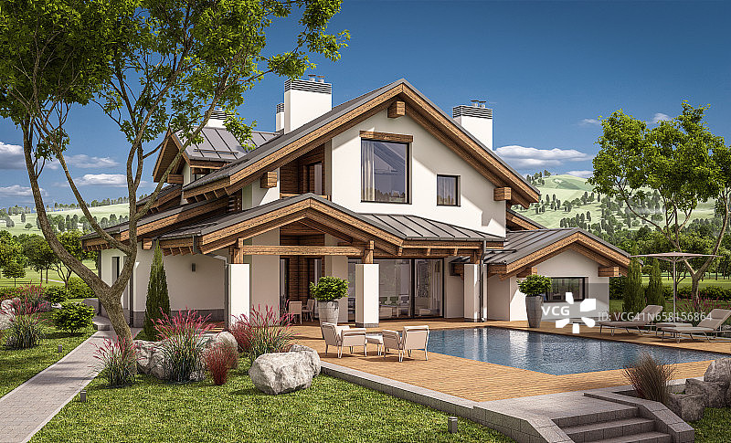 木屋风格的现代舒适住宅的3d渲染图片素材