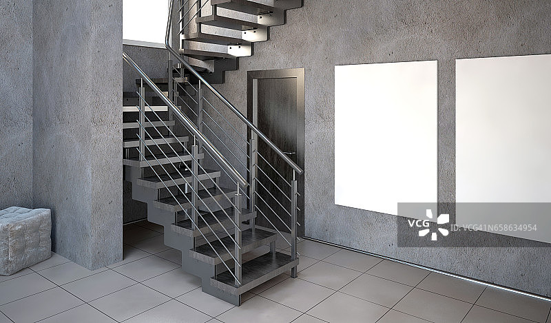 模拟海报在室内与楼梯。时髦的客厅风格。三维演示图片素材