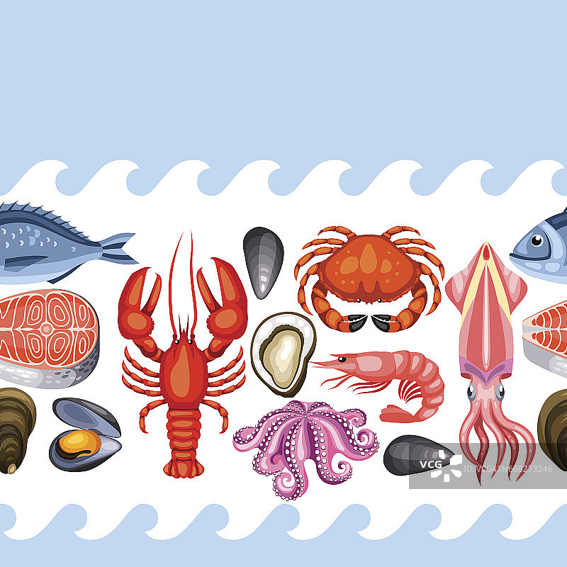 无缝模式与各种海鲜。鱼，贝类和甲壳类的插图图片素材