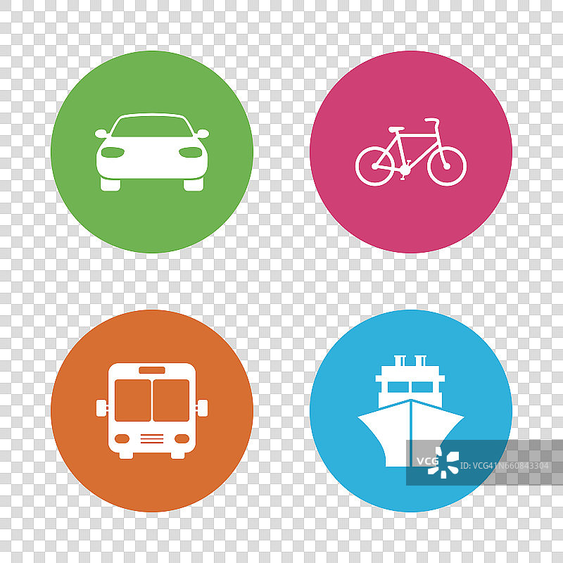 运输图标。汽车，自行车，公共汽车和轮船。图片素材