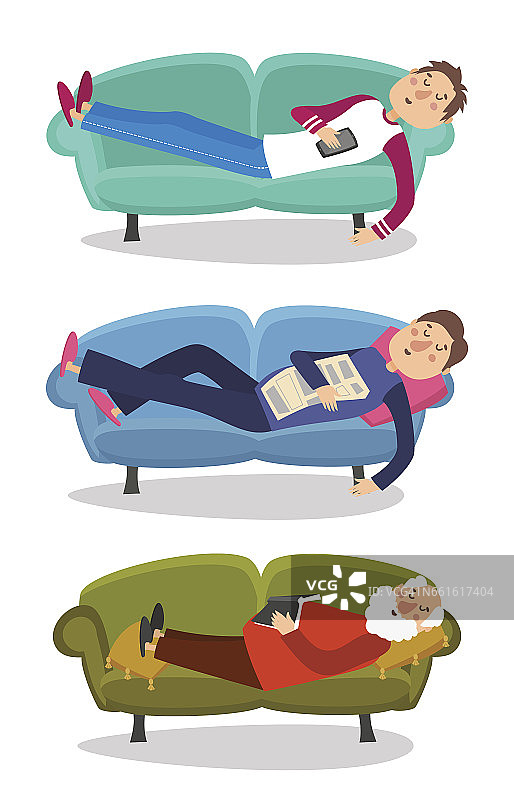 男人睡在沙发上矢量插图。睡觉的年轻人和睡沙发的老人性格的人图片素材