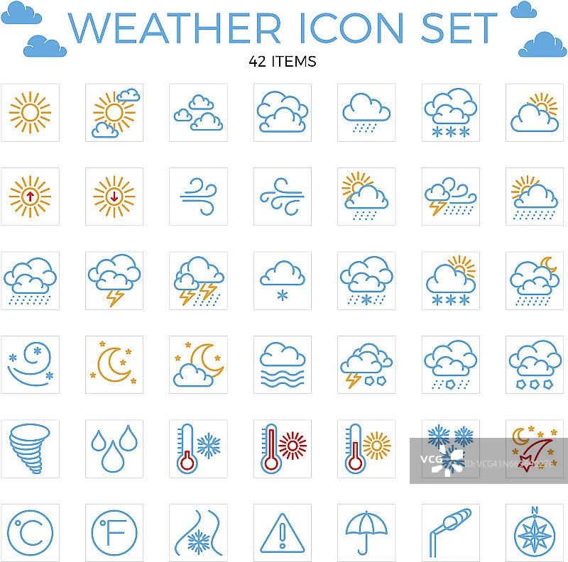 天气图标集。行图标。42项。云，太阳，雨，伞。64 x64可编辑的中风。图片素材