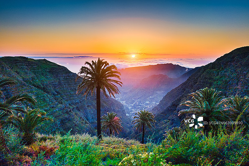 日落时分，令人惊叹的热带风景和棕榈树以及群山图片素材