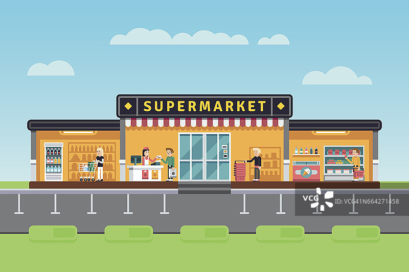 超市，商场，大型超市大楼与购物人员和卖家助理矢量插图图片素材