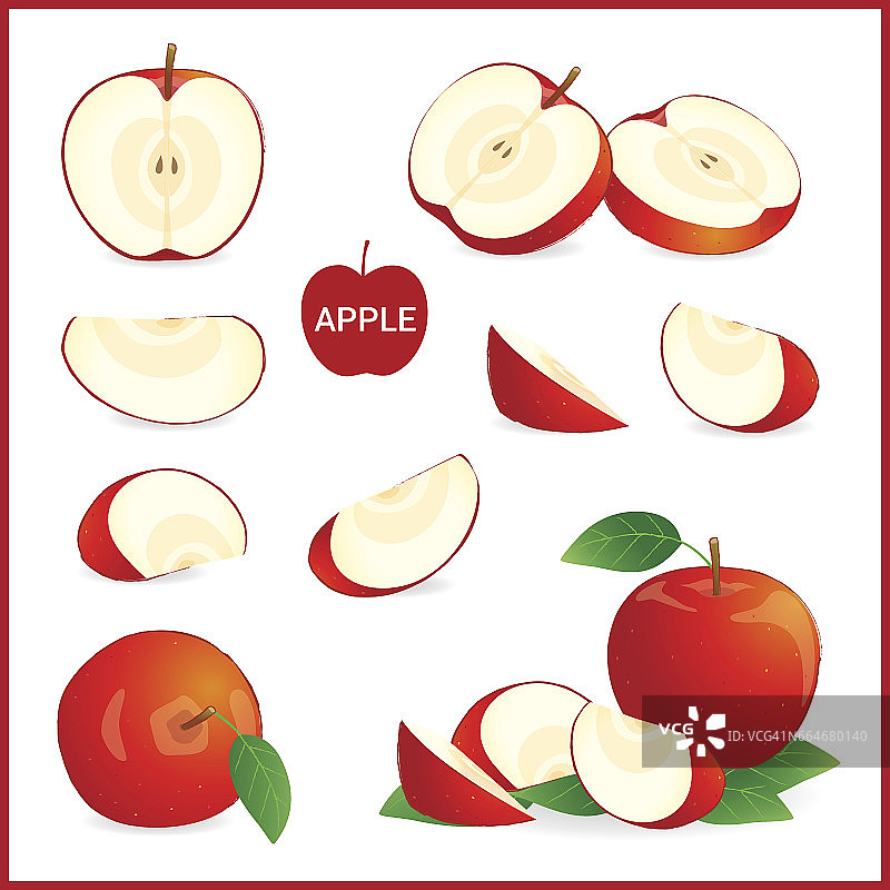 一套红苹果，整块，切半图片素材