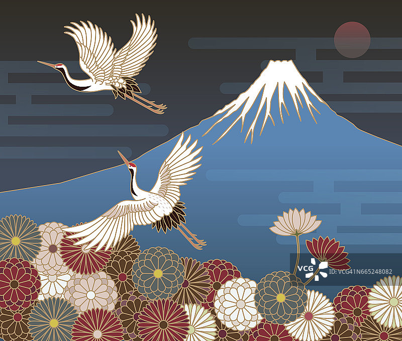富士山，鹤和菊花花，日本传统图案图片素材
