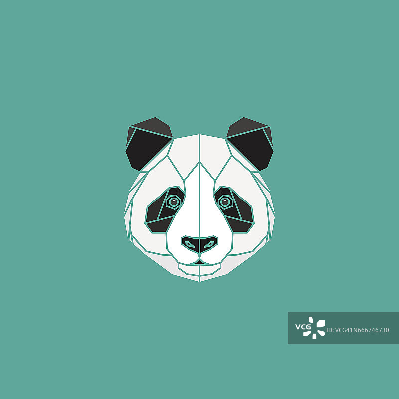 多边形黑色和白色抽象熊猫头在绿色的背景。图片素材