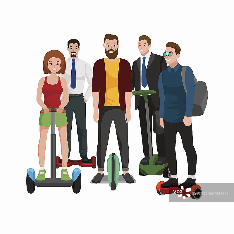 活跃的人们玩电动滑板，家庭用新式现代科技悬浮滑板，男人女人和孩子自平衡轮运输陀螺滑板骑街头矢量插画图片素材