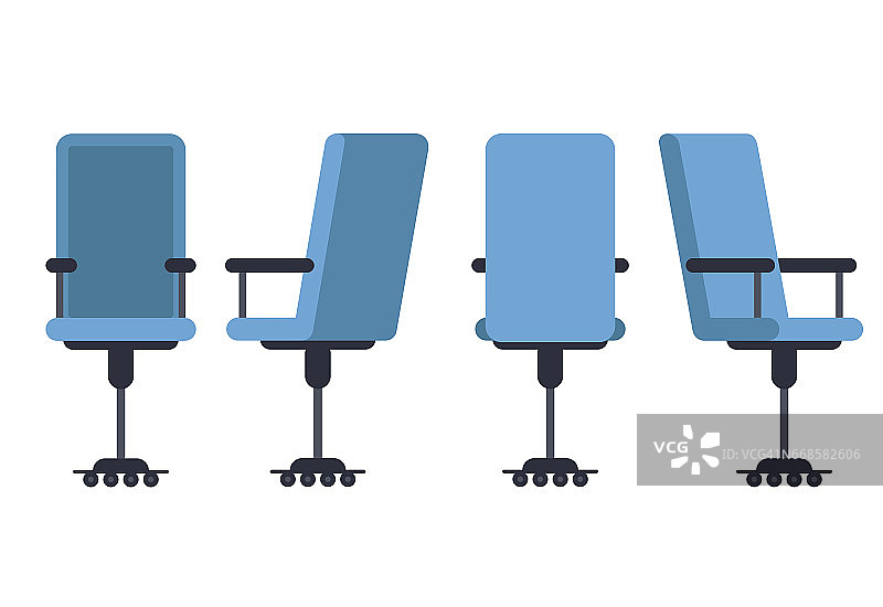 从各种角度看办公室或办公椅。扶手椅或凳子在前面，后面，侧面角度。企业脚轮家具平面图标设计。矢量插图。图片素材