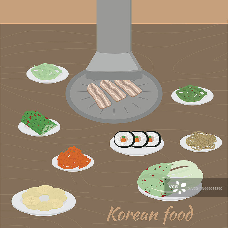 集韩国料理平面设计元素。亚洲街头美食菜单。传统菜肴泡菜、饺子、面条和石锅拌饭图片素材